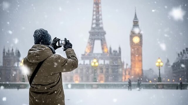 Winter Wonderland - Eiffel Tower and Big Ben in a Snowy Dream.