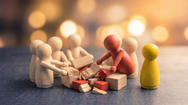 Crisis management and rebuilding concept: Wooden figures working together to fix broken blocks