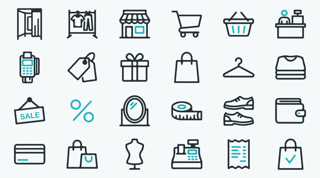 Shopping and retail outline icon set in dark grey and teal line art style