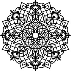 Intricate Black and White Mandala Design with Geometric and Floral Patterns. Detailed circular mandala with symmetrical geometric and floral motifs. © Designerliton50