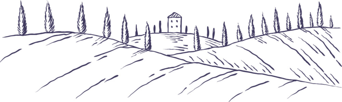 Minimal vector line art illustration of Italian countryside with an old stone villa house located on top of hill surrounded by cypress trees.