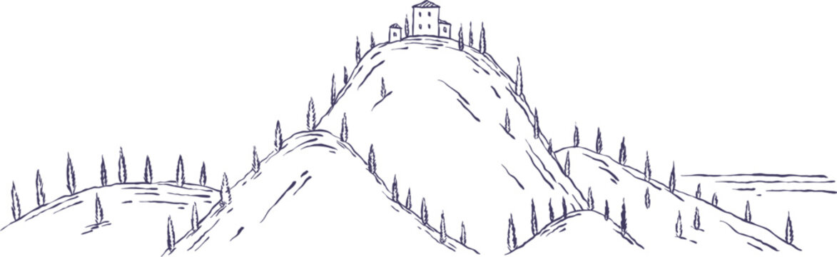 Linear vector sketch of steep panoramic hill topped with traditional Italian stone house and scattered cypress trees in Tuscany.