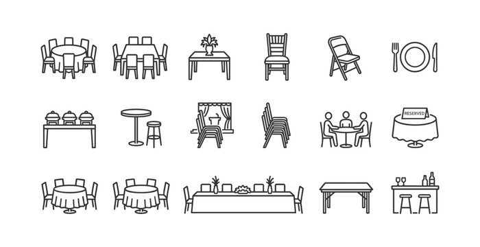 Party and banquet table line icons set, round tables, buffet, bar and chairs.