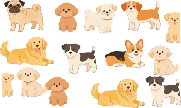 Seamless Pattern of Cute Dogs and Puppies Doodle Illustration in Watercolor Style