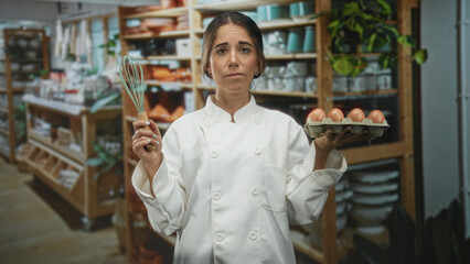 Fototapeta premium Woman chef holds a whisk in one hand and an egg carton in the other amid pantry shelves of cookware inside a building; uncertainty decision.