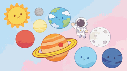 Set of Cute Solar System Planets Vector with Astronaut, Sun, and Moon Illustration © Myint