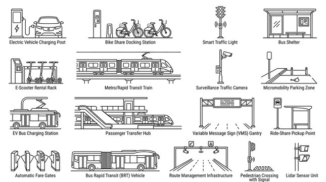 Smart City Transportation Icons: A collection of clean, modern line art icons depicting various modes of smart city transportation.
