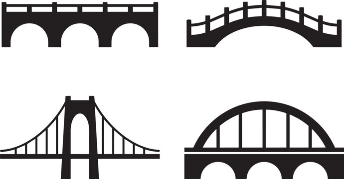 Bridge silhouette vector icons set, architectural bridge structures for urban planning, black bridge symbols for maps and infographics
