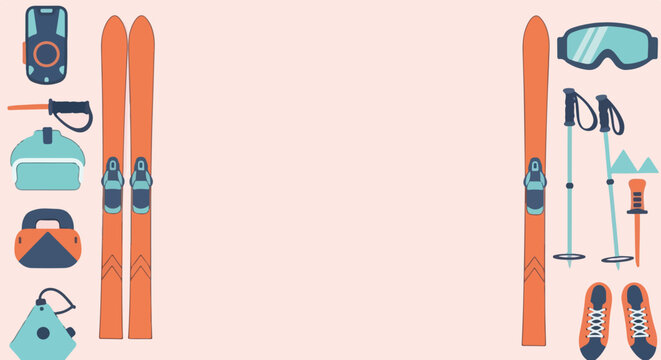 This minimalist vector illustration features various skiing essentials like skis, poles, boots, and goggles arranged on a pale pink background.