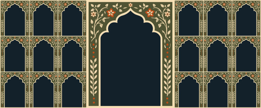 Set of windows Beautiful Arch small and Big Design with Indian Rajasthani fort and Culture. Wedding Backdrop and other uses. Abstract Indian floral rug design, Persian carpet, tribal texture design.