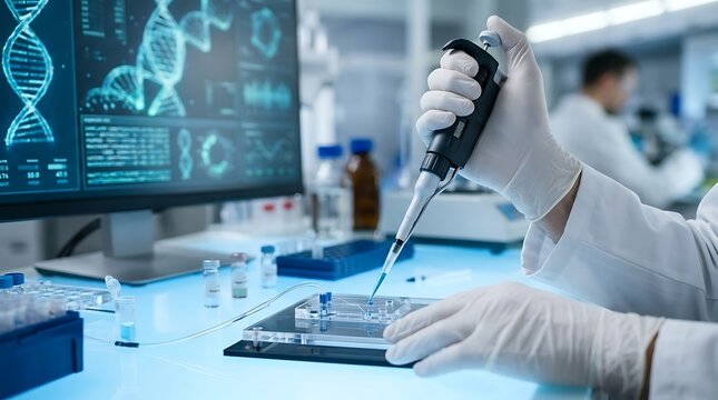 Scientist in laboratory using micropipette to transfer sample into microfluidic chip near computer screen.