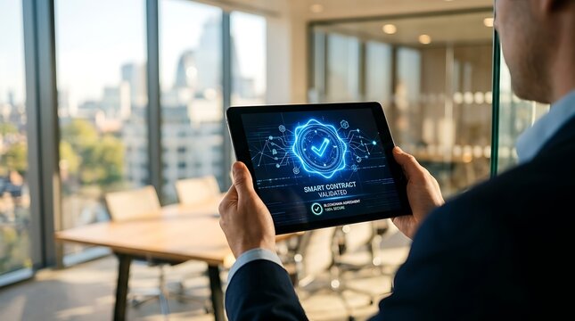 Business executive using tablet with digital blockchain smart contract validation screen in office.