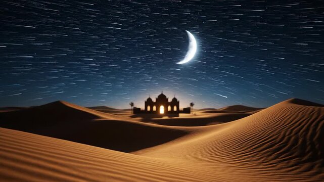 A night desert scene featuring sand dunes, a crescent moon, and a silhouetted building aglow beneath a star-streaked sky