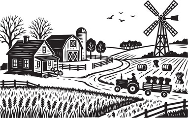 Fototapeta premium Rural farm landscape, black and white vector, farmhouse, tractor, windmill, countryside scene