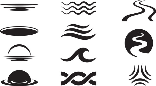 Minimalist water wave icons and river symbols, set of 12 black vector graphic elements, abstract ocean ripples and flowing stream silhouettes