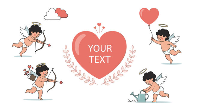 Group of four cute cartoon cupids in different poses surrounding a central red customizable heart shaped frame.
