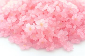 Obraz premium Soft pile of pink flower petals on a white background, creating a gentle spring floral texture with a delicate romantic feel.