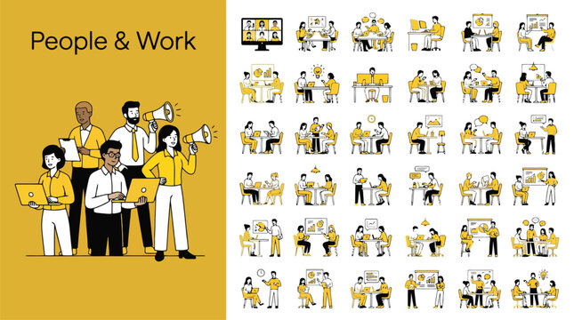 People and Work business icon set, professional office character illustrations, 36 corporate teamwork and communication vector elements for web design