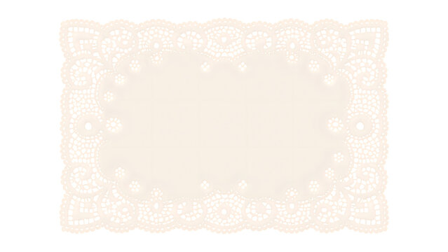 Rectangular paper doily with intricate floral lace pattern and scalloped edges, isolated on a white background, delicate white paper cutout for table setting and decoration