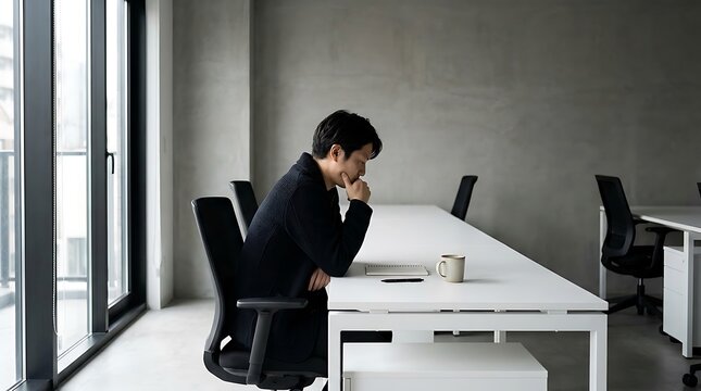 A thoughtful man in a business setting, contemplating a decision while sitting at a desk in a modern office environment, contemplating his next move