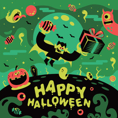 Naklejka premium Cute retro vector illustration of a friendly cartoon vampire flying holding a Halloween gift box and big candy under a large full moon on a spooky hill with a pumpkin and ghosts.