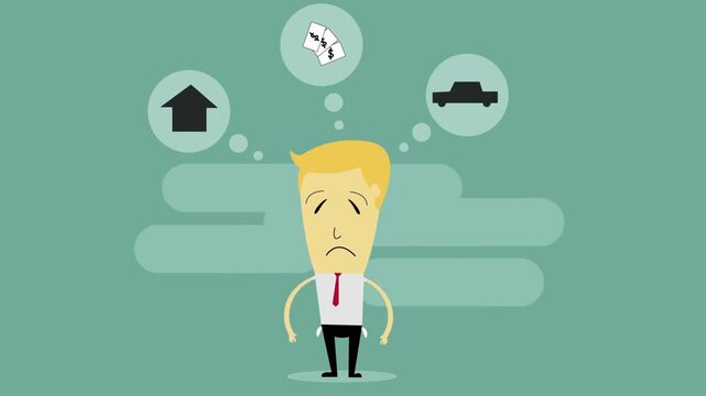 Stressed Businessman Thinking About Money House and Car Expenses Animation