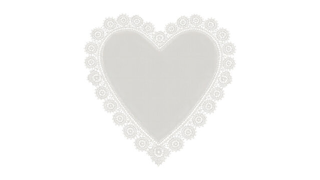 White heart shaped paper doily with intricate lace pattern isolated on a white background, featuring a smooth center and decorative scalloped edges for romantic event decor