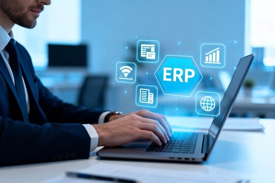 Businessman Using ERP Software on Laptop in Office