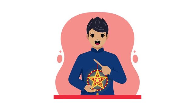 Flat animation of a traditional vietnamese or asian man holding a star lantern on a pink circle background.