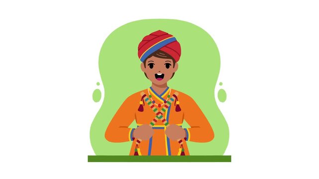 Animated character of a traditional indian man wearing a red turban and ethnic outfit on a green background.
