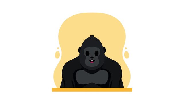 Animated character of a strong black gorilla smiling inside a yellow circular frame for wildlife content.