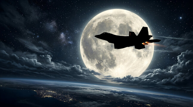 Fighter jet flying in front of a large moon in the night sky with clouds