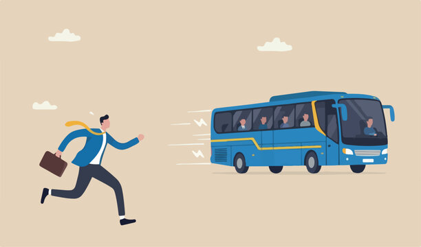 Left behind, exclusion or forgotten employee, failure or mistake to come late and miss the bus, opportunity, frustrated businessman late running catch the run away team bus