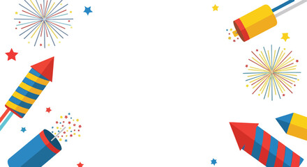 Obraz premium A festive vector background featuring colorful fireworks, rockets, firecrackers, and stars arranged along the edges of a clean white space.