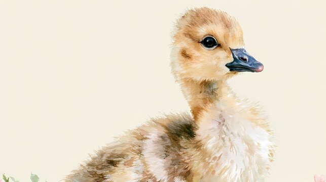 A cute gosling looks around on a watercolor background illustration.