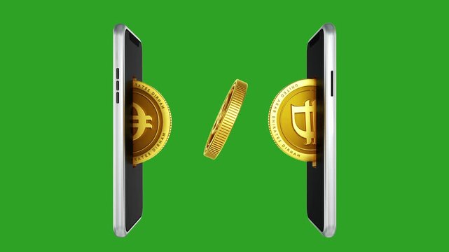 3D animation of golden UAE Dirham coins with the new currency symbol transferring seamlessly between two smartphones on a green screen, symbolizing modern digital banking and fintech.