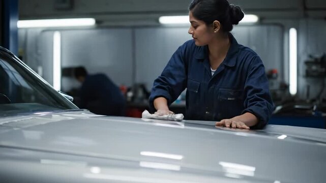 A mechanic in a blue uniform cleaning a car in a workshop with another person blurred