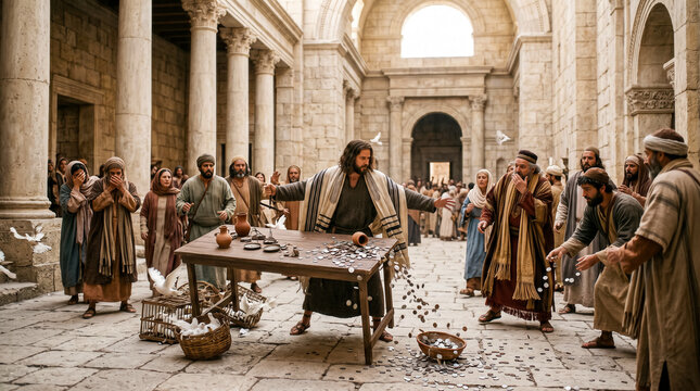 Jesus overturns the tables of the money changers and the benches of those selling doves in the temple.