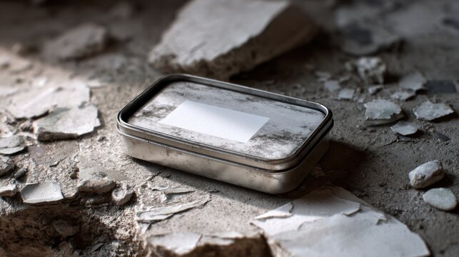 Metal container on rubble ground