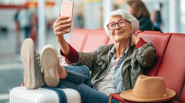 An elderly woman with white hair and glasses, holding a mobile phone on a red bench in an airport terminal.