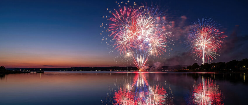 Fourth of July fireworks photo lake sunset red white blue sky water reflection twilight