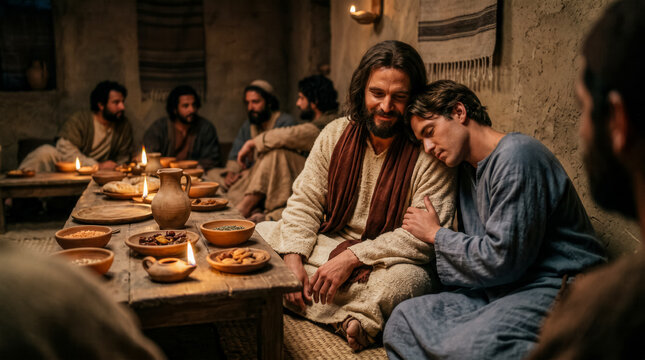 The beloved disciple leaning close to Jesus.