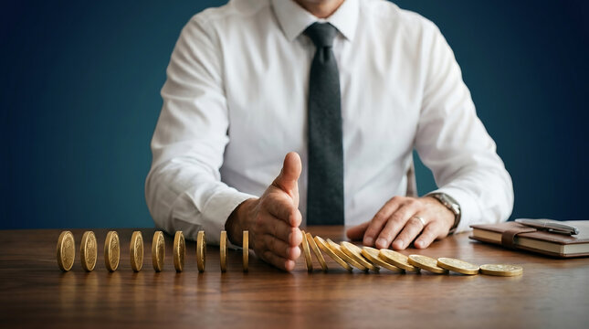 Businessman stopping the domino effect of falling golden coins with his hand.
Concept of financial risk management, crisis prevention, and economic stability.