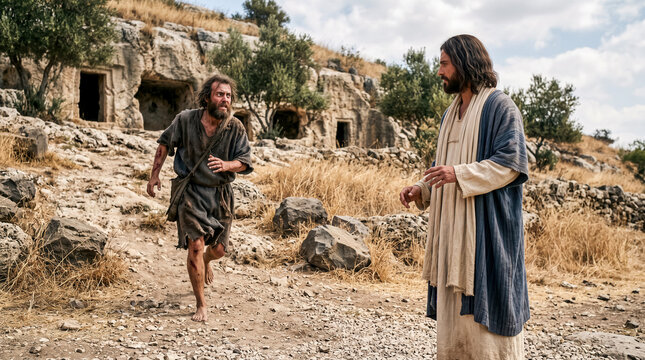 Near a rocky ancient burial site with tombs, a man possessed by an unclean spirit runs to Jesus.