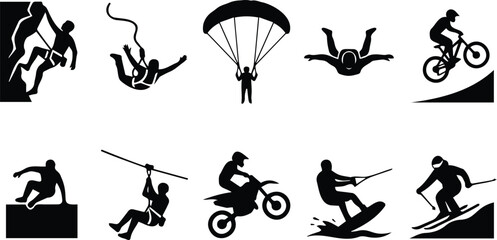 Extreme Sport Silhouette Set Black Vector Icons Skydiving Surfing Motocross Climbing Zipline Adventure Activity Collection © PoremolChandra