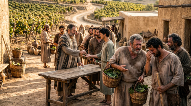The landowner pays each worker one denarius. Those who work longer grumble because they want more.