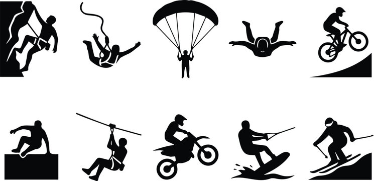 Extreme Sport Silhouette Set Black Vector Icons Skydiving Surfing Motocross Climbing Zipline Adventure Activity Collection