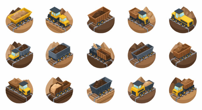 Isometric mining trucks and excavators in a quarry environment.