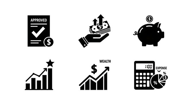 Icons representing financial management display bold black silhouettes against a clean white background.