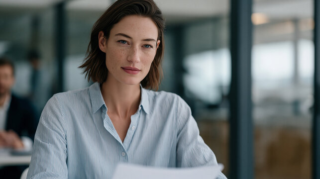 Female startup CEO receiving a lukewarm handout of feedback from a male-dominated panel in a glass conference room, her expression composed and undefeated, notes in hand, prepared